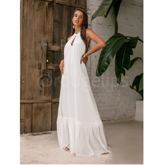 White Flowy Halter Cutout Maxi Flared Dress Backless Open Back - Picture 7 of 12